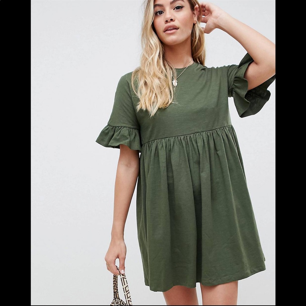 ASOS cotton green frill sleeve smock dress